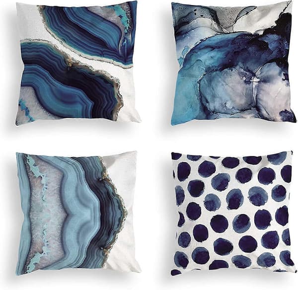 Set med 4 dekorativa prydnadskuddar, marinblå marmor prickig havstextur linnekuddar soffa sovrum bil heminredning, 45 x 45 cm