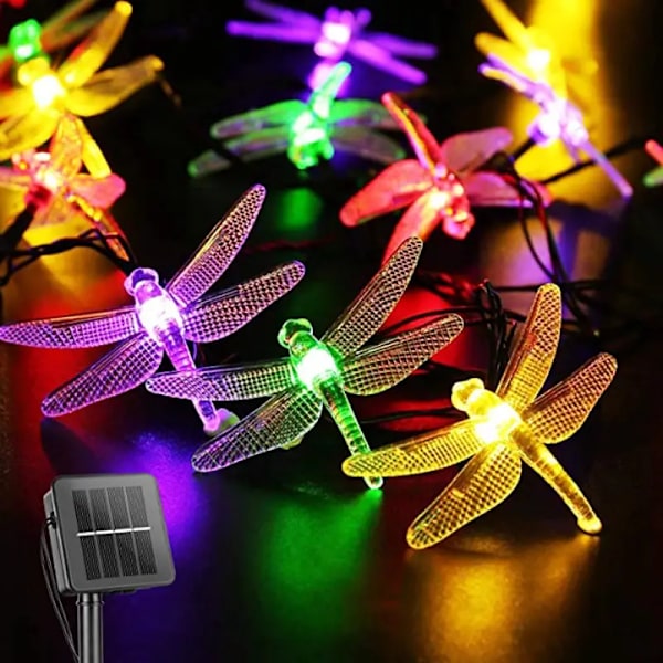 LED solcellslampor med trollsländor, färgglada, 6,5 m, 30 lampor