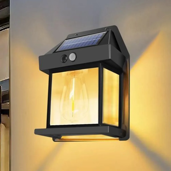 2 stk. Solcelledrevet vegglampe utendørs, solcelledrevet vegglampe i wolfram, solcellelamper for utendørs bruk med bevegelsessensor, vanntett vegglampe utendørs