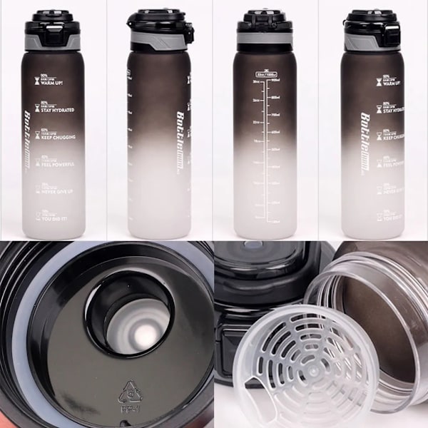 1000 ml:n urheilujuomapullo, jossa aikamerkinnät, vuotamaton juomapullo, BPA-vapaa kuntoiluun/pyöräilyyn/retkeilyyn/juoksuun (musta)