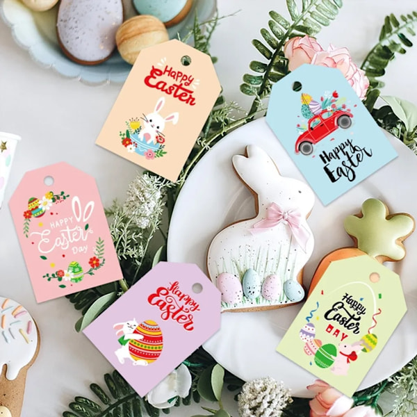 Påske gavemærker, 48 stk. Happy Easter, påskehare papir mærker med snor, påskehare mærker til påskefest, gavedekorationer