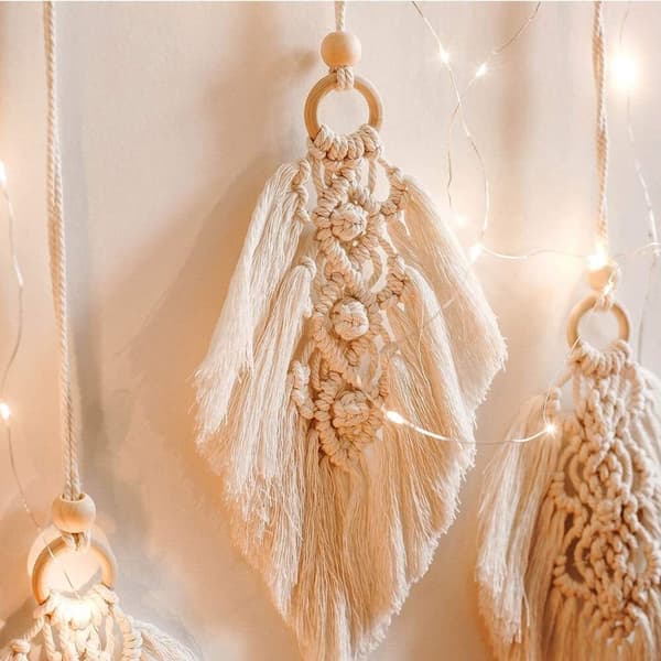 Boho Spets Väggbonad, Handgjord Fjäder/Löv Tapestry för Sovrum/Vardagsrum