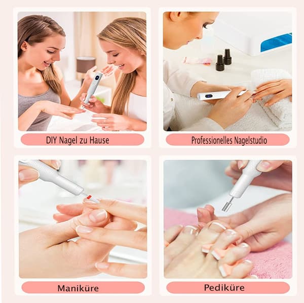 Manikyr- och pedikyrset, elektrisk nagelfil, 6 nagelvårdsfästen, 2 laddningsmetoder, 3 hastighetsnivåer, med LED-display - Vit
