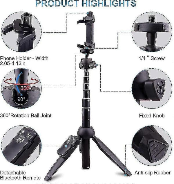 45\" Bluetooth Selfie-stativ – Fjernkontroll for iPhone/Samsung/GoPro