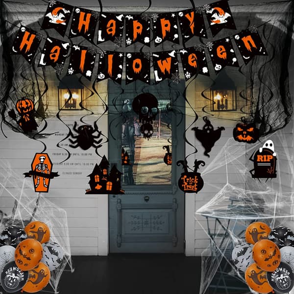 Halloween banner, hængende dekoration, sort og orange