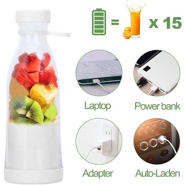 Smoothie Maker, 380ml Oppladbar USB Bærbar Smoothie Blender for Shakes Juice Smoothies, Elektrisk Juiceflaske (hvit)