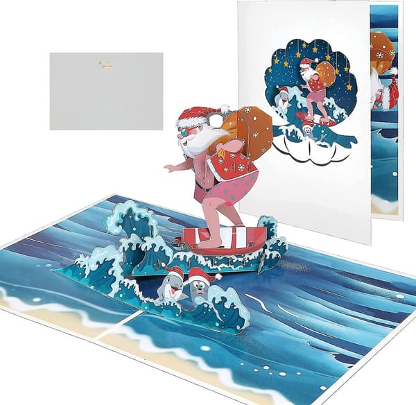 3D pop up-kort julkort, vackert jultomtekort med kuvert (surf)