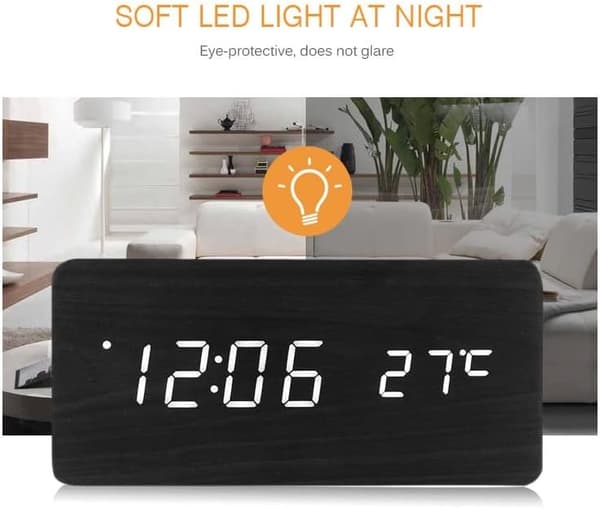 Digital Väckarklocka Trälook 3D LED Digital Klocka Datum Temperatur USB Väckarklocka Sovrum Kontor Dimbar - Svart