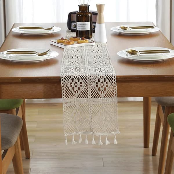 Boho bordløper, 24x220CM Boho dekorasjon, bordløper beige med dusker, til dekorasjon Boho, bryllup, brude dusj, spisestue replika