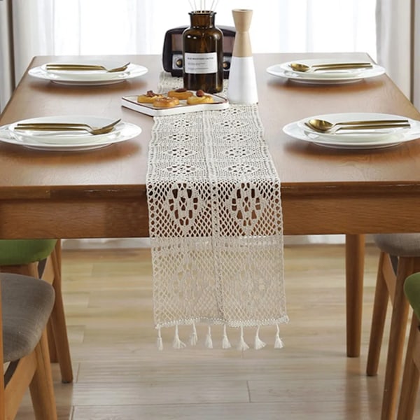 Bordslöpare Boho, 24x220CM Boho-dekoration, bordslöpare beige med tofsar, för dekoration Boho, bröllop, möhippa, matbordskopia