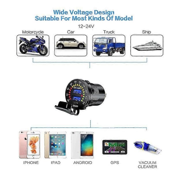 4.8A Dobbelt USB Biloplader med LED Display Voltmeter Mobiltelefon Adapter til Biler, Motorcykler og Både