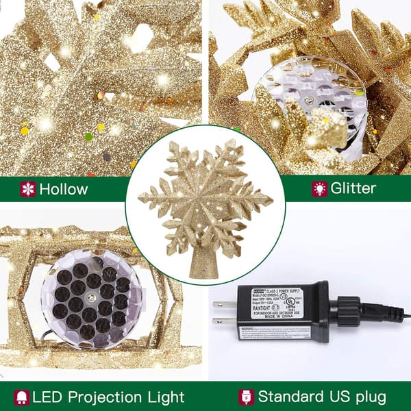 Guld LED Roterande Snöflinga Trädtopp – 3D Ihålig Julprojektion