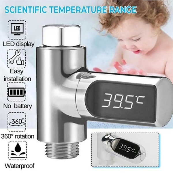 LED digital badtermometer, duschtermometer 5-85 grader realtidsvattenflöde med 360 ° roterande skärm