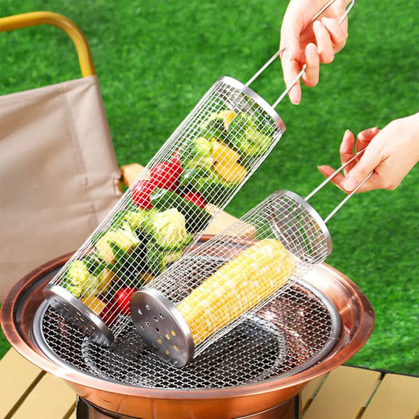 2 stk rullende grillkurv med håndtak, rullende grillkurv, utendørs grill grønnsaksgrill mesh rør, 30,5 cm