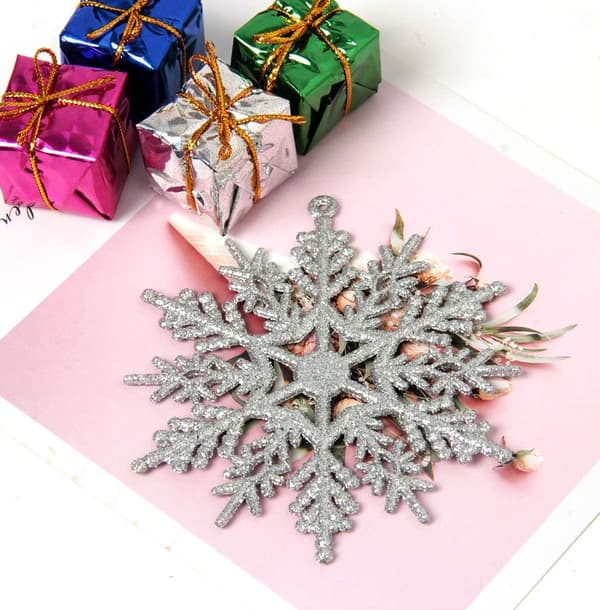 36 Sølv Glitter Snøfnugg Ornamenter, 10 cm, Juletrepynt