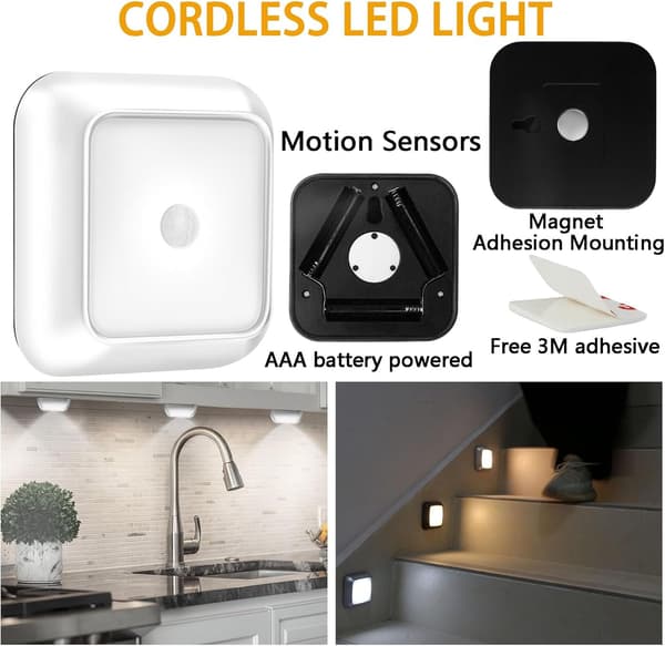 3-pack Rörelsesensor Nattlampa, Batteridriven Varm LED för Garderob/Trappor/Sovrum