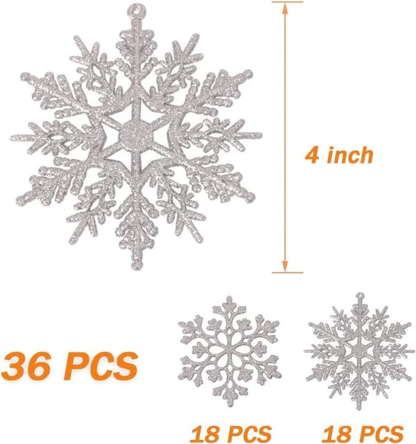 36 Silver Glitter Snöflingor Ornament, 4\", Julgransdekoration