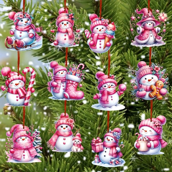 24-delt rosa snømann julepyntsett - juletrepynt, julebordgaver