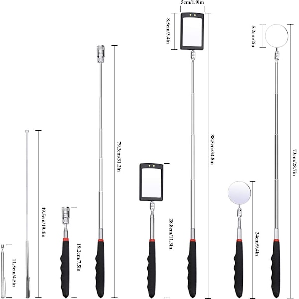 4 teleskopiske inspeksjonsverktøy 1 firkantet speil med LED-lys og 1 sirkulært speil 1 magnetstang med LED-lys og 1 magnetpenn for metallgjenvinning