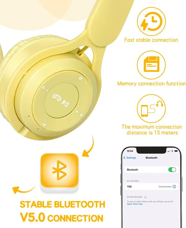 Bluetooth-hovedtelefoner til børn – Foldbare Over-Ear m/ mikrofon, trådløs stereo, gul