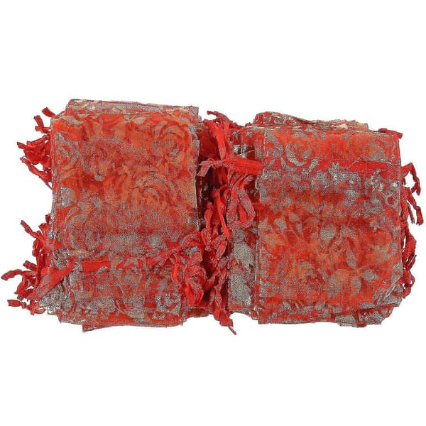 100 st 7x9cm Ros Organza Dragsko Present Smyckesväskor Röd