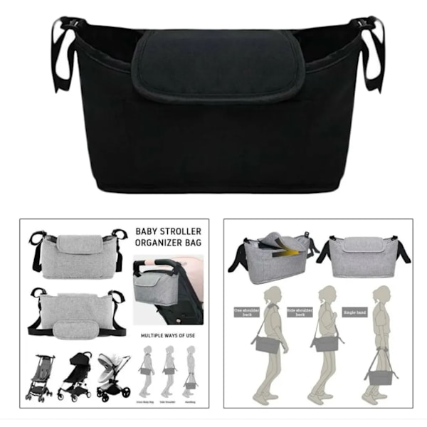 Baby Stroller Organizer Bag Buggy Henge Baby Bag Stroller Cup Holder, Enkelt festet til de fleste barnevognhåndtak, Farge Svart