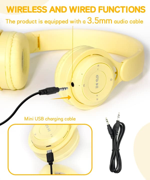 Bluetooth-hovedtelefoner til børn – Foldbare Over-Ear m/ mikrofon, trådløs stereo, gul