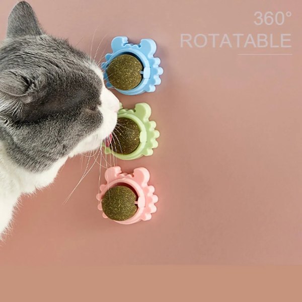 3-pack 360° roterande kattmyntbollar med lock, kattvägg godsaker, interaktiva kattleksaker, effektiva för att rengöra tänder och förbättra kattens spänning