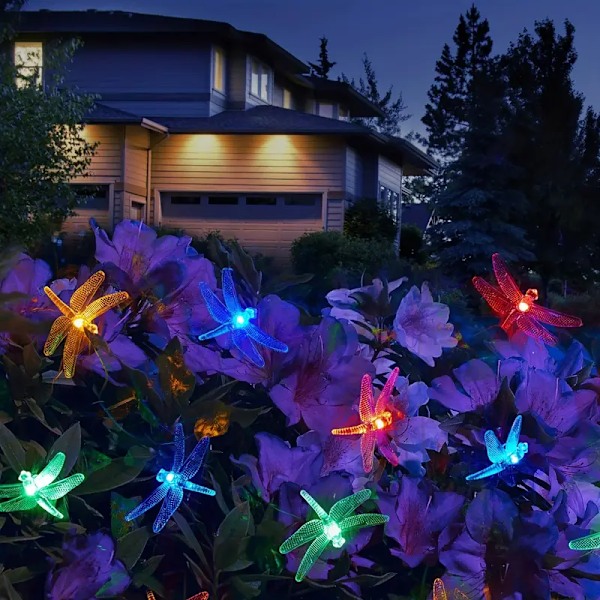 LED solcellslampor med trollsländor, färgglada, 6,5 m, 30 lampor