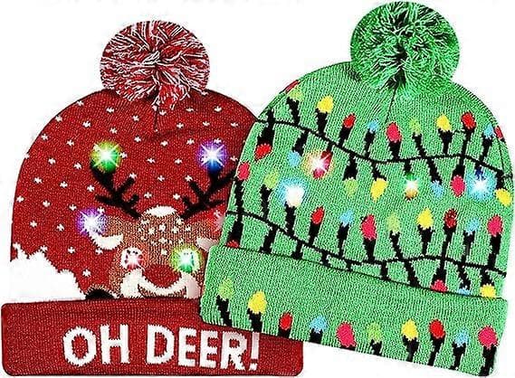 2-pak julefrokost LED lysende farverige glitterstrikkede hatte til julefrokost (One Size, grøn, rød)
