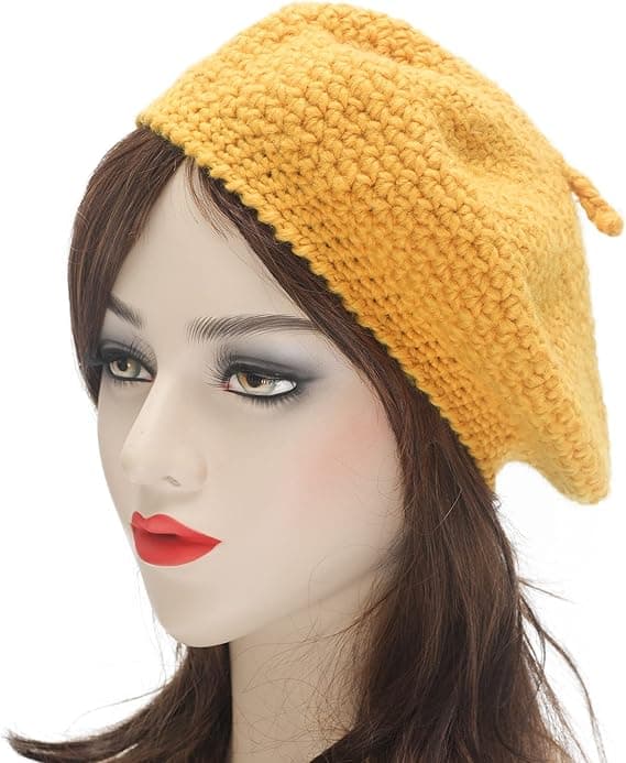 Vinterstrikket beret dame varm hat gul