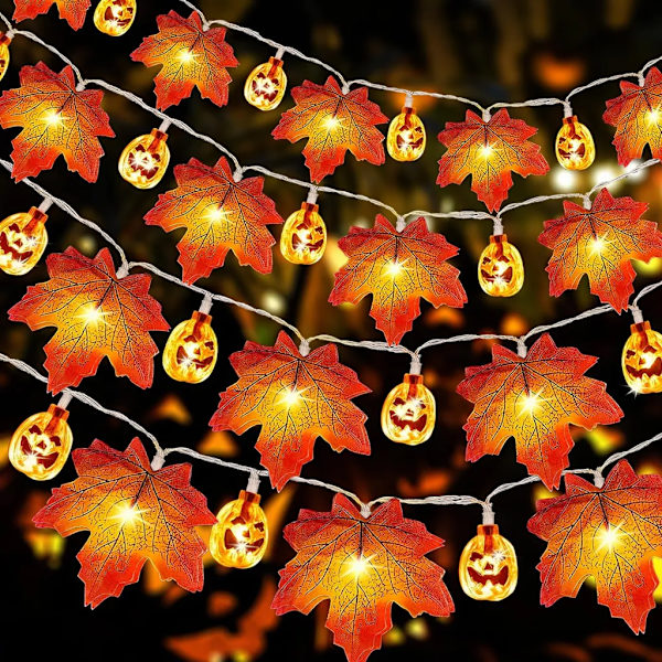 Fe-lyskæder, 3 meter 20 LED ahornblade græskar dekoration fe-lyskæder, efterårsblad guirlande dekoration lys, Halloween dekoration