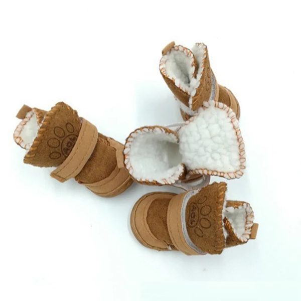 4 stycken hundskor tasskydd utomhus, snöstövlar för husdjur, halkfria plysch hundskor, brun (B: 2,9, L: 3,8)