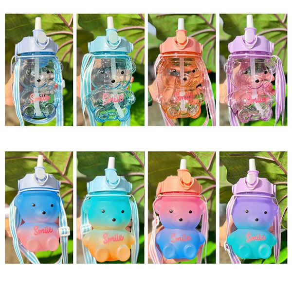 1000 ml:n juomapullo, söpö karhuvesipullo, suuri juomapullo, jossa olki ja hihna (frost pink)