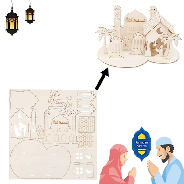 4x Eid Ramadan-dekorasjon, DIY-trepynt, for hjemmet Ramadan-håndverksdekorasjon, borddekorasjon