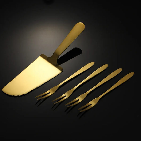 5-delt kagesæt, kagebestik, kagebestik, gafler, rustfrit stål, tåler opvaskemaskine (guld)
