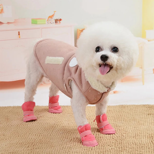 4 stycken hundskor tasskydd utomhus, snöstövlar för husdjur, halkfria plysch hundskor, rosa (B: 3,3, L: 4,3)