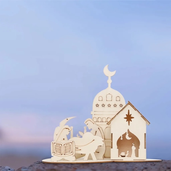 4x Eid Ramadan-dekorasjon, DIY-trepynt, for hjemmet Ramadan-håndverksdekorasjon, borddekorasjon
