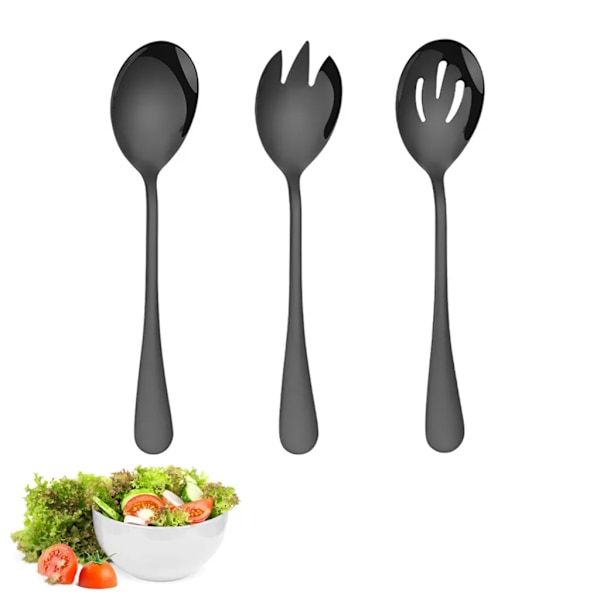 3-delt salatbestiksæt, salatske og -gaffel, rustfrit stål, salatske og -gaffel, tåler opvaskemaskine (sort)