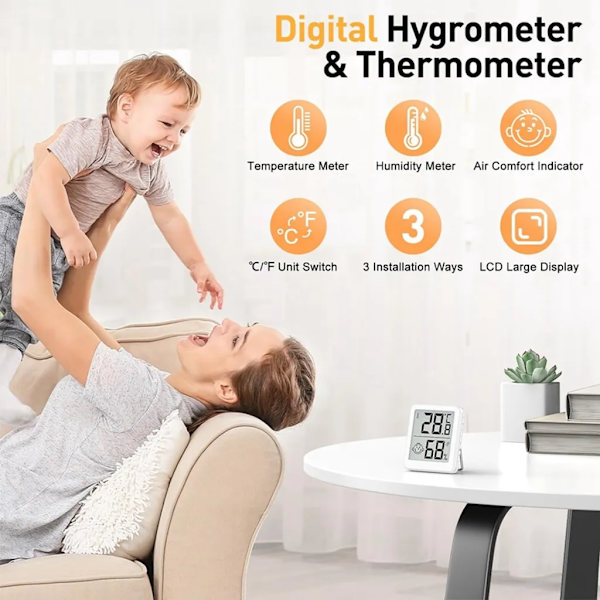 Termometer Hygrometer indendørs digital, mini LCD termometer, fugtighedsmåler rumtermometer indendørs med smiley-indikator