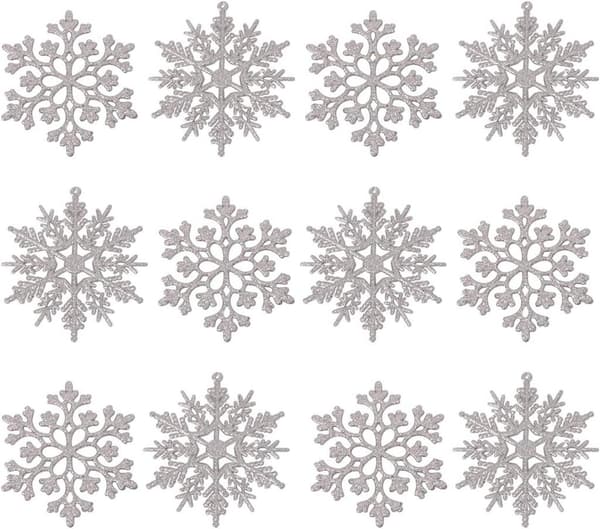 36 Sølv Glitter Snøfnugg Ornamenter, 10 cm, Juletrepynt
