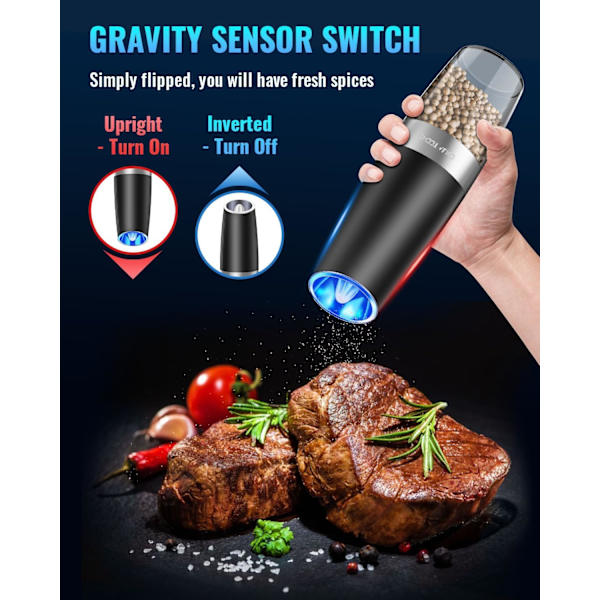 Elektrisk pepper-/saltkvern med tyngdekraftsensor, justerbar grovhet, batteridrevet