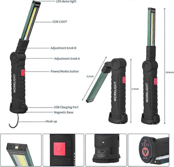 LED Lommelygte Arbejdslampe med Magnetisk Base 5 Lystilstande USB Campinglanterne