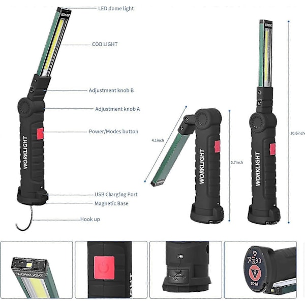 LED Lommelykt Arbeidslys med Magnetisk Base 5 Lysmoduser USB Campinglanterne