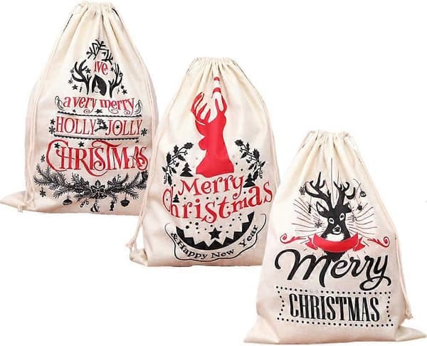 3 presentpåsar i linne med dragsko, julgodis-/smyckespåsar