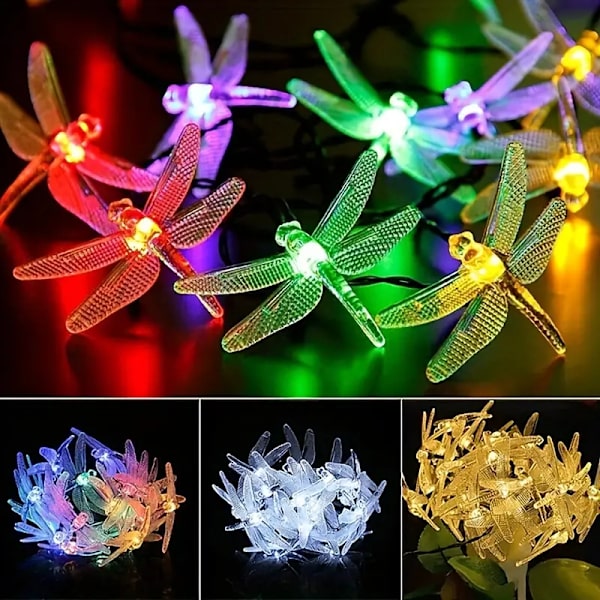 LED solcellslampor med trollsländor, färgglada, 6,5 m, 30 lampor