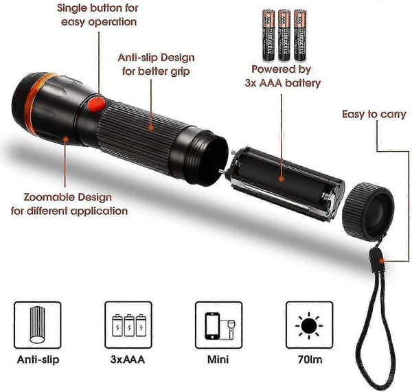 4 kpl taskulamppuja, LED-standarditaskulamput, minitaskulamput zoomilla, 2 tilaa, 70 lumenia