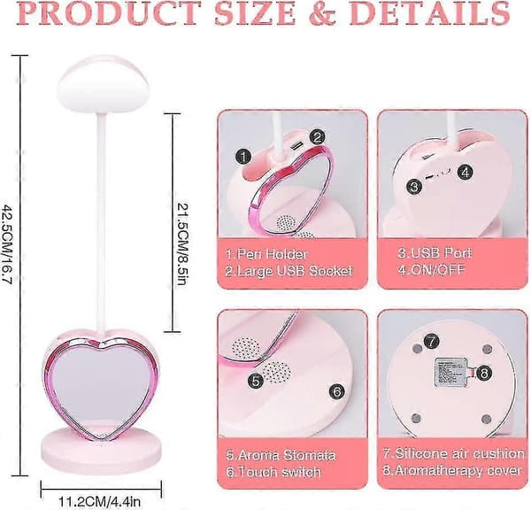 LED-skrivebordslampe for barn, liten skrivebordslampe med USB-ladeport, rosa
