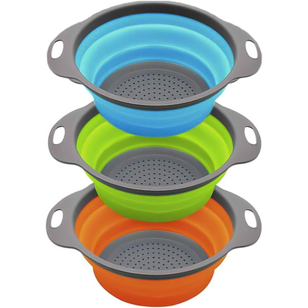 3-delad hopfällbar köksdurkslag, hopfällbar durkslagskorg för pasta, grönsaker, frukt (blå, grön, orange)