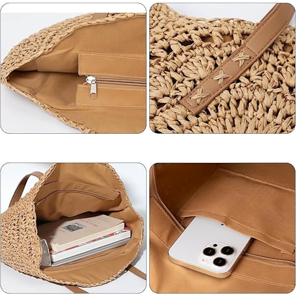 Sommarrund halmbag med ihålig design, enkel strandväska
